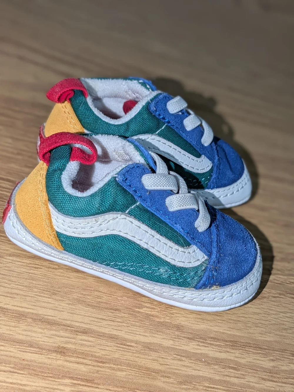 Vans Baby Canvas Sneakers in Blue, Green & Yellow with Red Accents